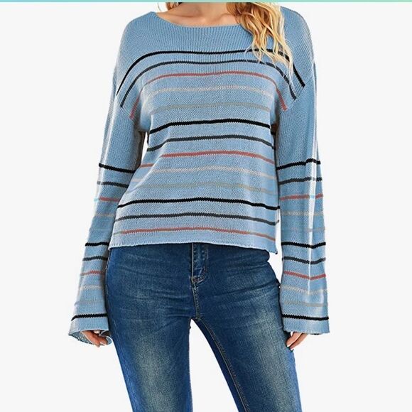 Women's L/S Striped Sweaters Off The Shoulder - Picture 2 of 7